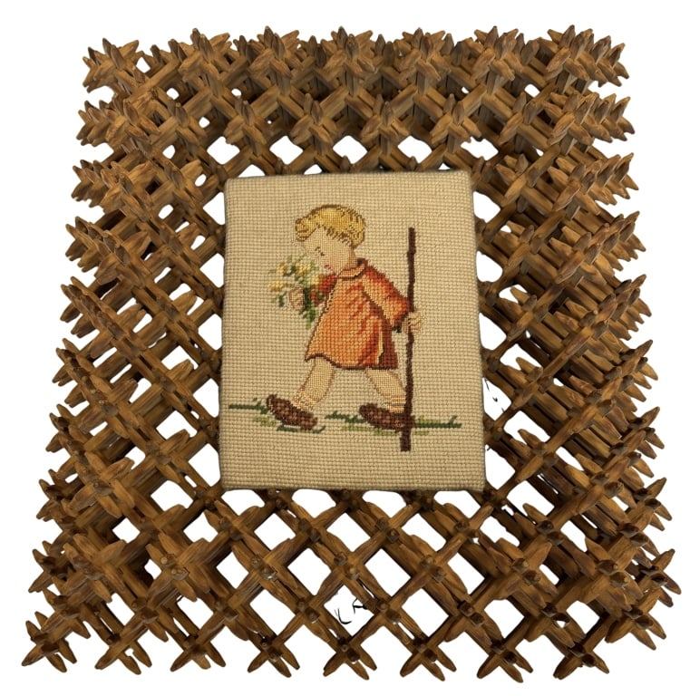 Vintage Wooden Tramp Art Frame with Needlepoint (1 of 9)