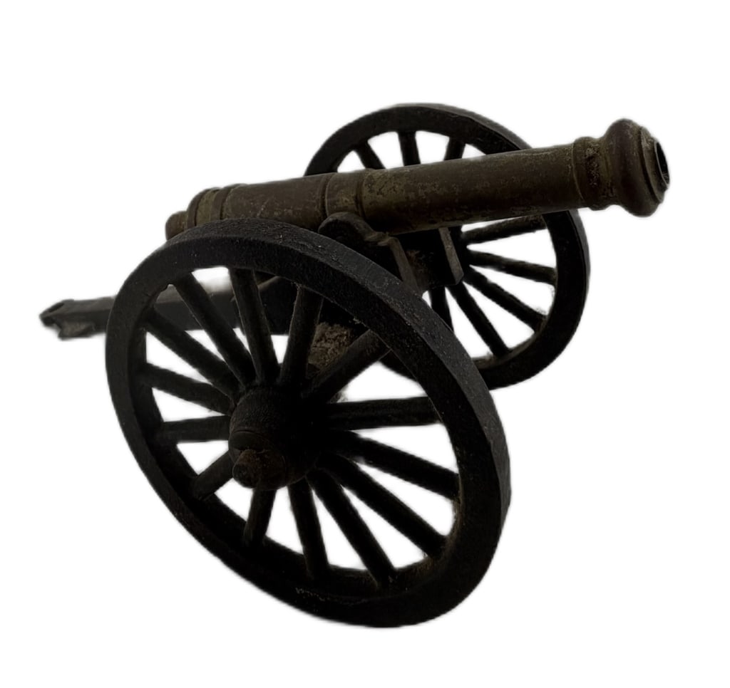 Cast Iron Civil War Cannon Figurine: Item/Description: Mid-century scale miniature artillery cannon featuring a solid cast brass barrel mounted onto a heavy black-finished cast iron carriage, stamped on the underside with the