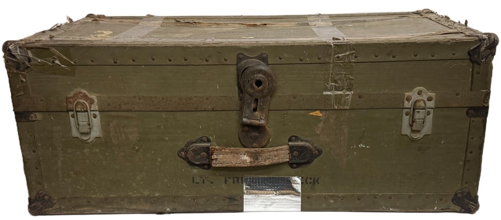WWII U.S. Army Footlocker Trunk: Item/Description: World War II-era footlocker trunk designed for a U.S. Army officer. Includes name, "Fred A. Peck" and his unique serial number. Constructed from solid wood reinforced with riveted