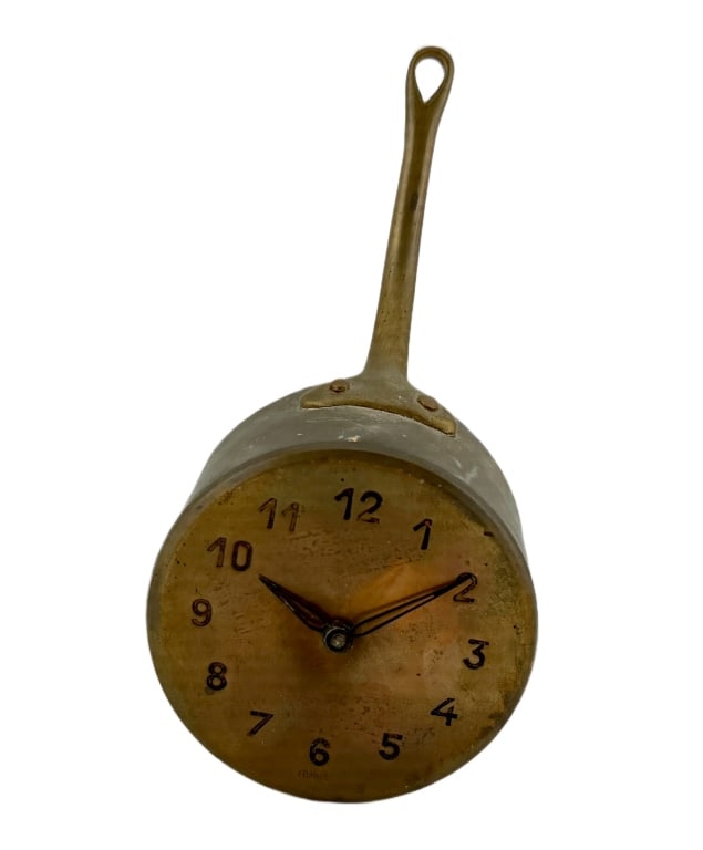 Vintage French Novelty Saucepan Kitchen Wall Clock: Item/Description: Novelty kitchen wall clock playfully styled as a traditional French saucepan or pouring skillet. Deep cylindrical body crafted from spun brass, fitted with a heavy solid brass