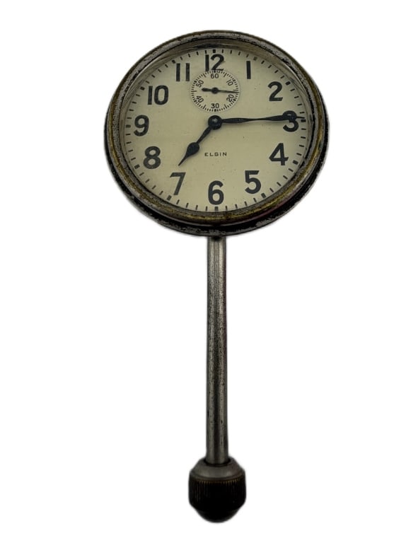 1920s Elgin 8-Day Automobile Dashboard Clock: Item/Description: 1920s antique Elgin National Watch Co. 8-day mechanical automobile dashboard clock, featuring a crisp cream dial with bold Arabic numerals and a top-register seconds sub-dial. The ti