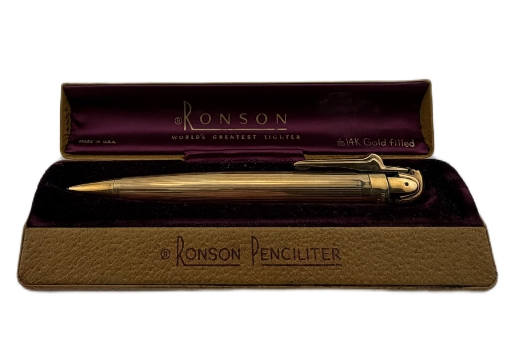 Ronson Penciliter 14K GF Dual Pencil & Lighter: Item/Description: Second-generation Ronson Penciliter featuring a 1/20 14K gold-filled engine-turned body and includes its original presentation display case. Manufactured in the United States