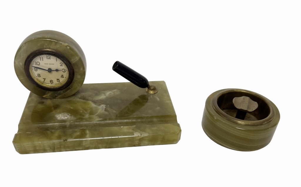 Art Deco New Haven Onyx Desk Clock & Pen Set (1 of 9)