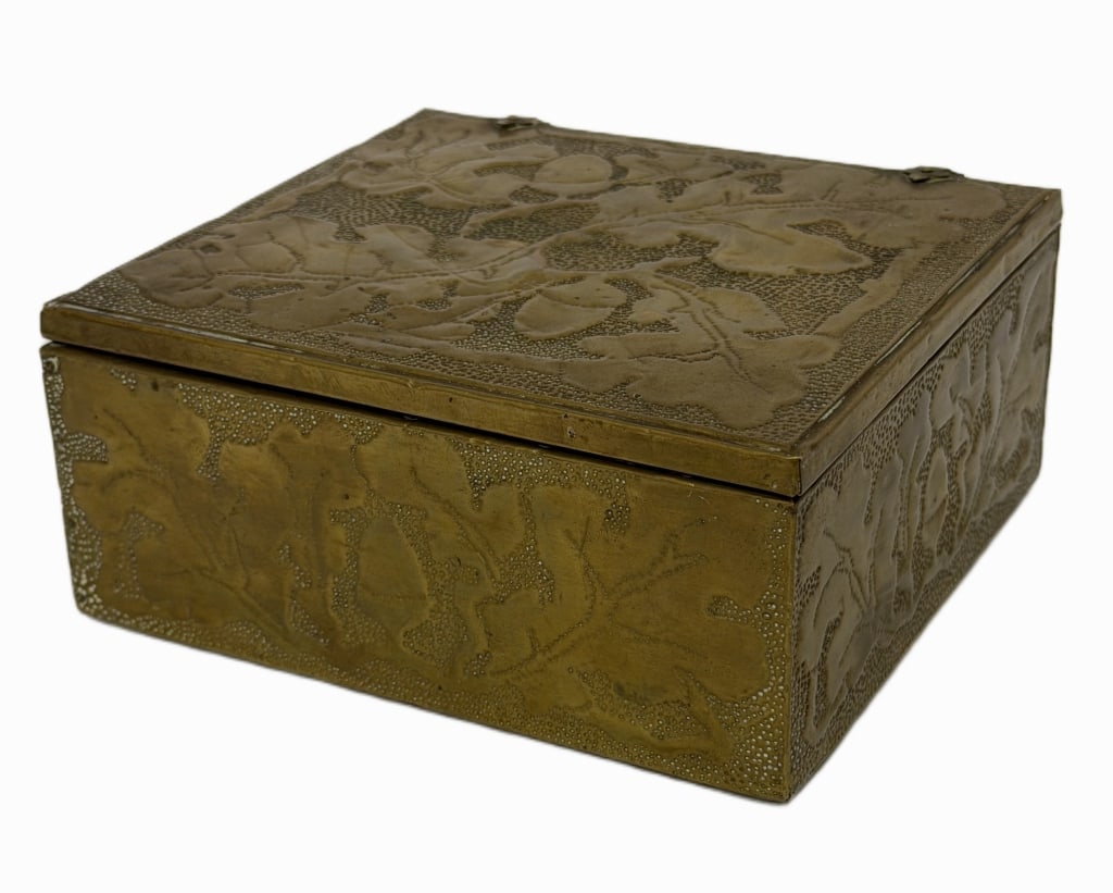 1910 Art Nouveau F.N. Deknatel Cast Metal Desk Box: Item/Description: Edwardian-era desk accessory featuring a heavy, cast metal body with its original textured fiber board backing. 1910 copyright stamp by noted maker F.N. Deknatel. Underside is stampe