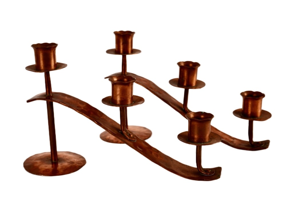 Erhard Glander Copper Candlestick Pair: Item/Description: Pair of vintage Arts and Crafts style triple candleholders. Hand-wrought and hammered detailing. Base marked, Erhard Glander. Each heavy-gauge copper fixture features an