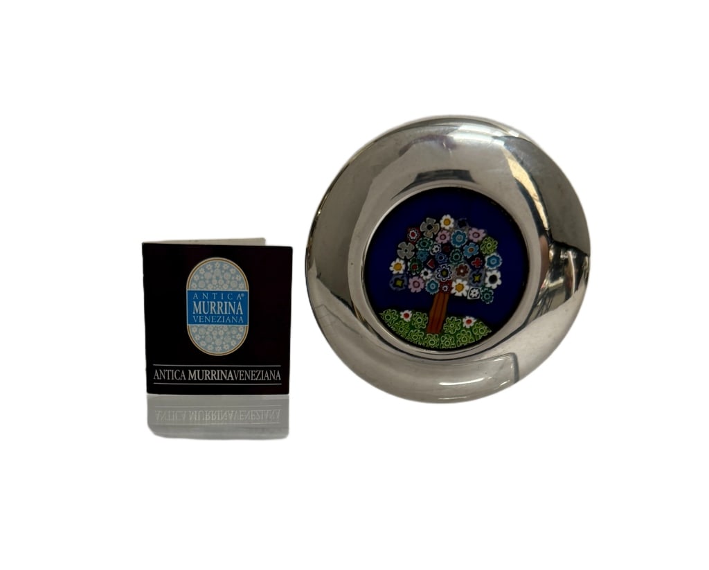 Murano Tree of Life Sterling Silver Trinket Box: Item/Description: Vintage Italian sterling silver and Murano glass trinket box by Antica Murrina Veneziana, featuring a central "Tree of Life" millefiori mosaic on a deep cobalt ground. The circular .