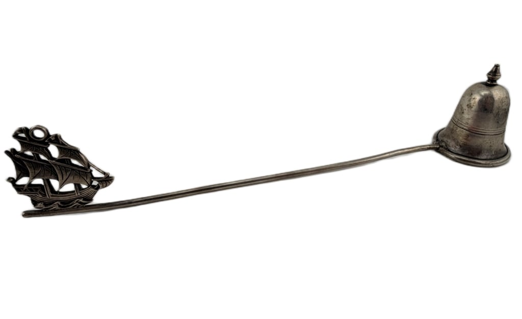 Sterling Silver Sailing Ship Candle Snuffer: Item/Description: Vintage continental sterling silver candle snuffer, circa mid-20th century. Features a long, slender wire handle terminating in a fully sculpted, decorative openwork finial depicting