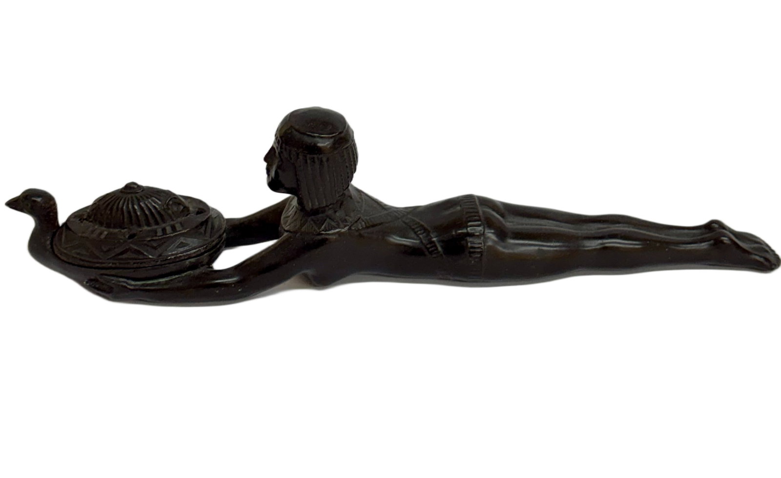1920s Ronson Art Deco Egyptian Incense Burner: Item/Description: American Art Deco patinated metal incense burner, known as the "Queen of the Nile" / "Egyptian Priestess" model. Egyptian Revival piece features a stylized, prone female figure adorn