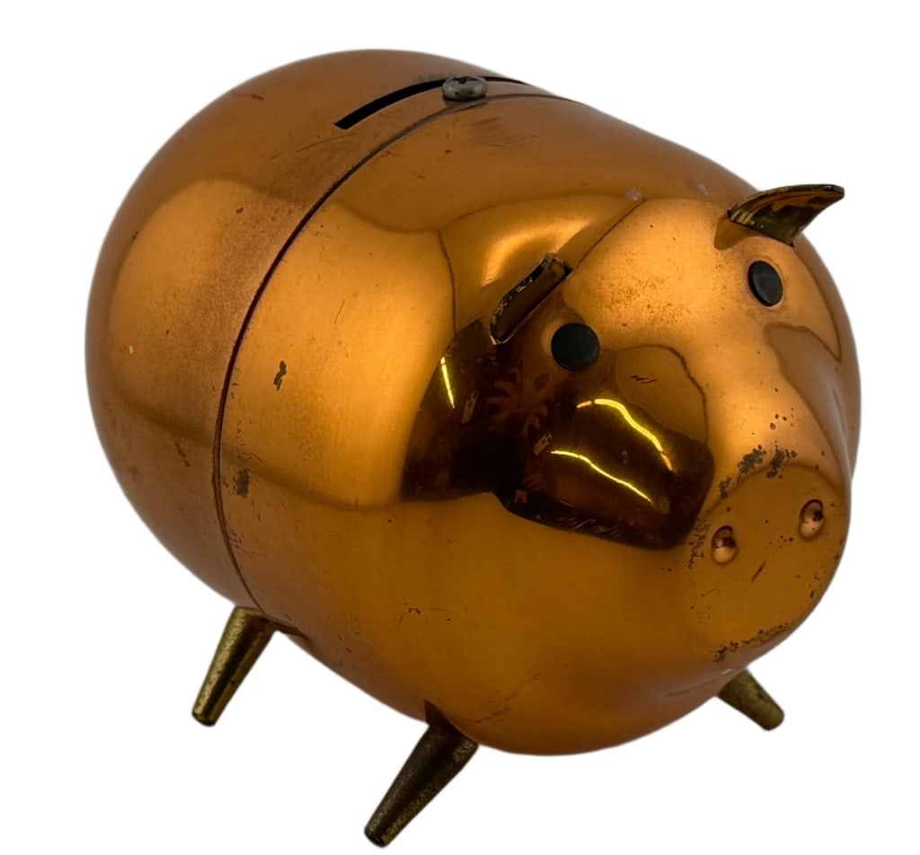 1970s Coppercraft Guild Copper & Brass Piggy Bank: Item/Description: Mid-century modern, 1970s figural coin piggy bank, manufactured by the Coppercraft Guild of Taunton, Massachusetts. Features a stylized pig with a warm, polished copper finish. Two-p