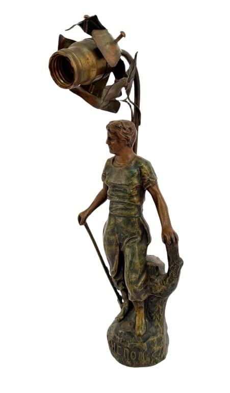 Art Nouveau 'Bucheron' French Bronzed Figural Lamp: Item/Description: Antique French figural post lamp features a male figure of a woodcutter / lumberjack. "Fabrication Francaise, Paris' foundry mark on base between feet. Titled on base: BUCHERON (The 