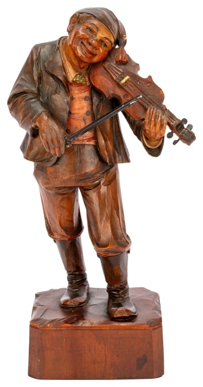 Black Forest Carved Wood Violin Player: Item/Description: Hand-carved wooden figurine of a man playing a violin or fiddle. German or Bavarian folk art. Unknown artist. No noticeable makers marks or signature. (Anri, Italy, Sculpture) *This 