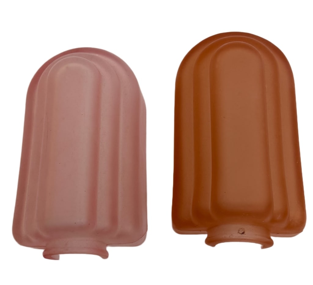 Art Deco Spanish Pink Satin Glass Slip Shades: Item/Description: Pair of antique 1930s Art Deco molded art glass slip shades featuring a geometric "waterfall" motif produced in Spain. Includes a back-notched fitter collar designed to slide directl