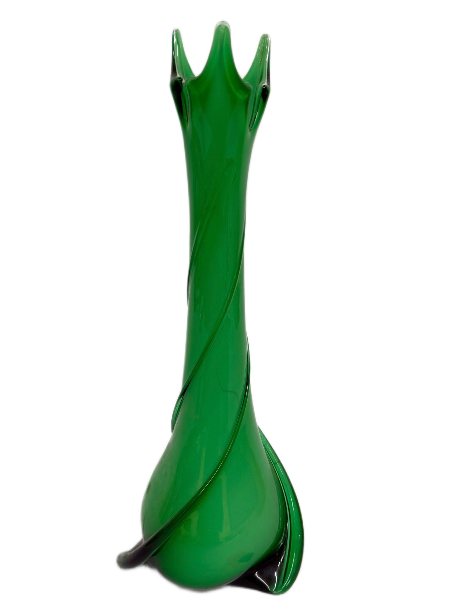 MCM Fratelli Betti Italian Green Glass Vase: Item/Description: Mid-century modern cased art glass vase manufactured by Cristalleria Fratelli Betti in the Empoli region of Tuscany, Italy, circa 1960s. Sculptural, torch-style vase features a vibra