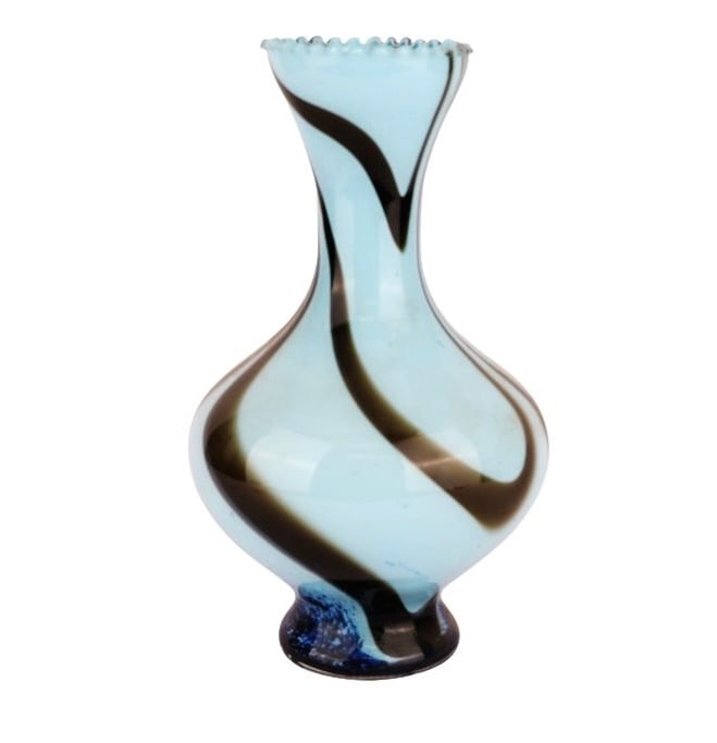 Carlo Moretti Style Murano Glass Swirl Vase: Item/Description: Vintage mid-century modern opaline art glass vase produced in the style of Carlo Moretti on the island of Murano, Italy, circa 1970s. Vibrant pastel sky blue background contrasted by