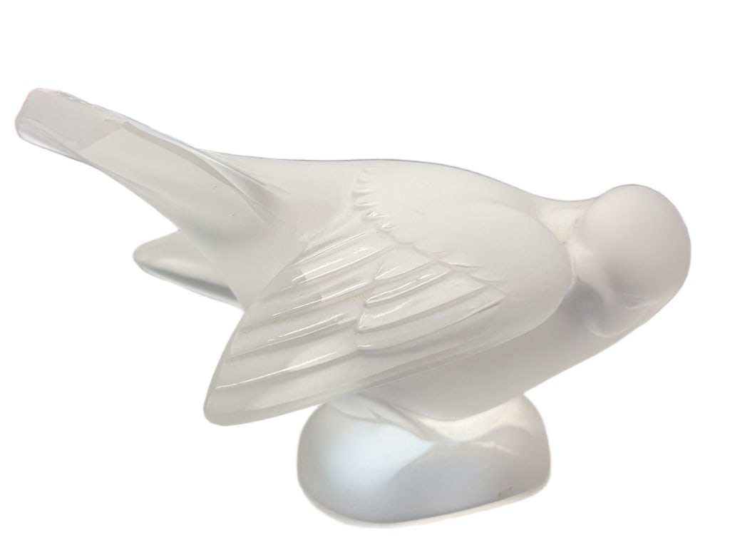 Lalique "Moineau Coquet" Sparrow Figurine: Item/Description: Lalique frosted crystal bird figurine, late 20th century. Model "Moineau Coquet," featuring a sparrow in a preening pose with its head tucked and wings slightly fanned. Crafted from 