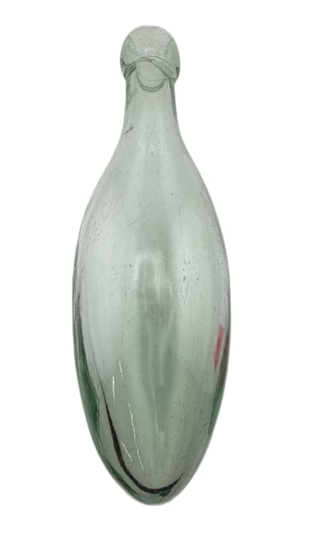 Antique Aqua Glass Hamilton Torpedo Bottle: Item/Description: An antique mineral water / soda bottle, circa 1870s-1890s. Hand-blown in a traditional two-piece iron hinge mold, features the classic ovoid "Hamilton" or torpedo shape, distinctivel