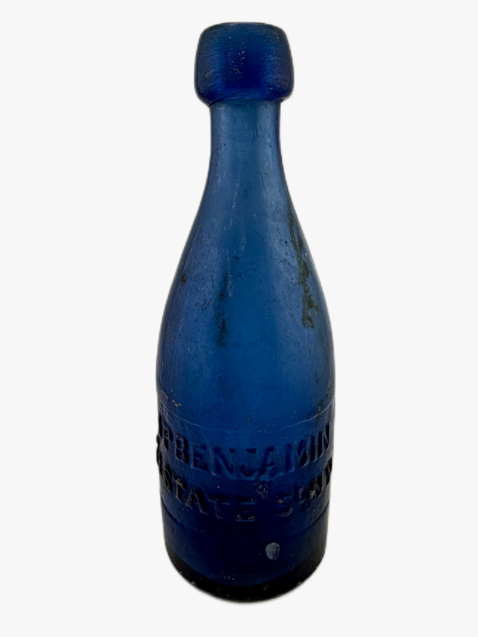 Antique Union Glass Works PA Cobalt IP Soda Bottle: Item/Description: Antique American iron-ponitiled soda bottle, circa 1847-1855. Hand-blown in a heavy two-piece iron mold, this cylindrical "pony" style utility vessel features a deeply saturated roya