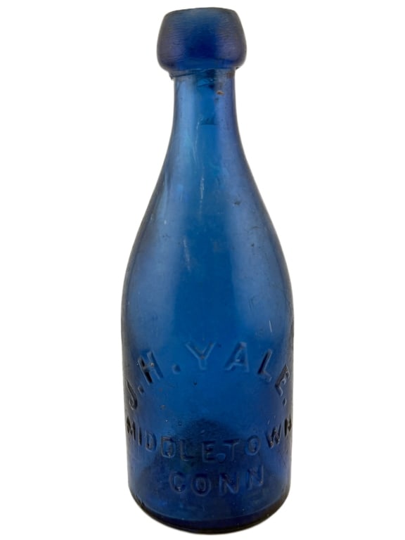 1850s J.H. Yale CT Cobalt Blue IP Soda Bottle: Item/Description: Antique American mineral water / soda bottle manufactured for J.H. Yale of Middletown, Connecticut, circa 1851-1858. Hand-blown in a heavy two-piece iron mold, this cylindrical "pony