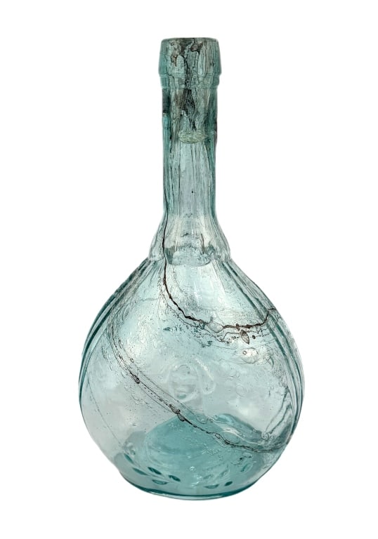 Antique Calabash Jenny Lind Glassworks Bottle: Item/Description: American Calabash pictorial flask features Jenny Lind portrait on one side and a glass factory on the reverse. Aquamarine (aqua) color and a bulbous base and elongated neck. (Whitney