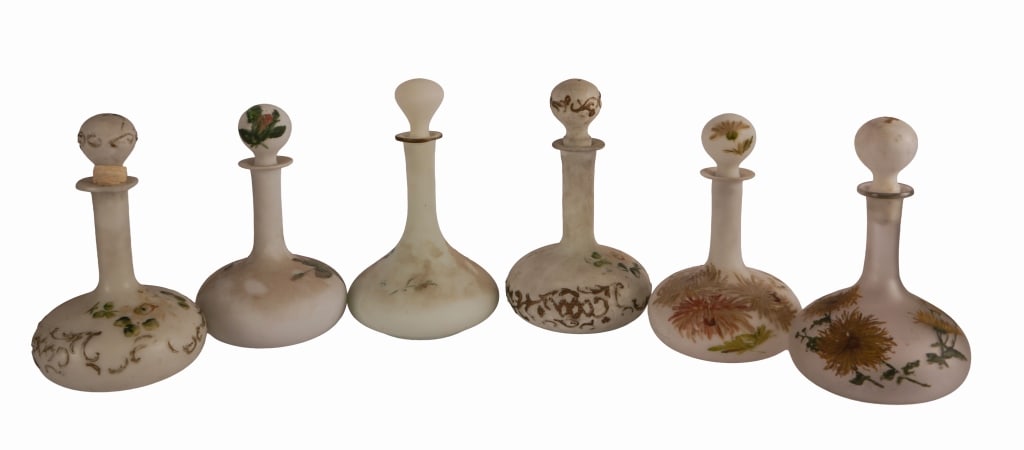 Victorian Bristol Milk Glass Vanity Bottles: Item/Description: Collection of six Victorian Bristol glass vanity decanters / milk glass dresser / barber bottles. Semi-translucent, "lusterless" satin glass. Hand-painted with botanical motifs, chry