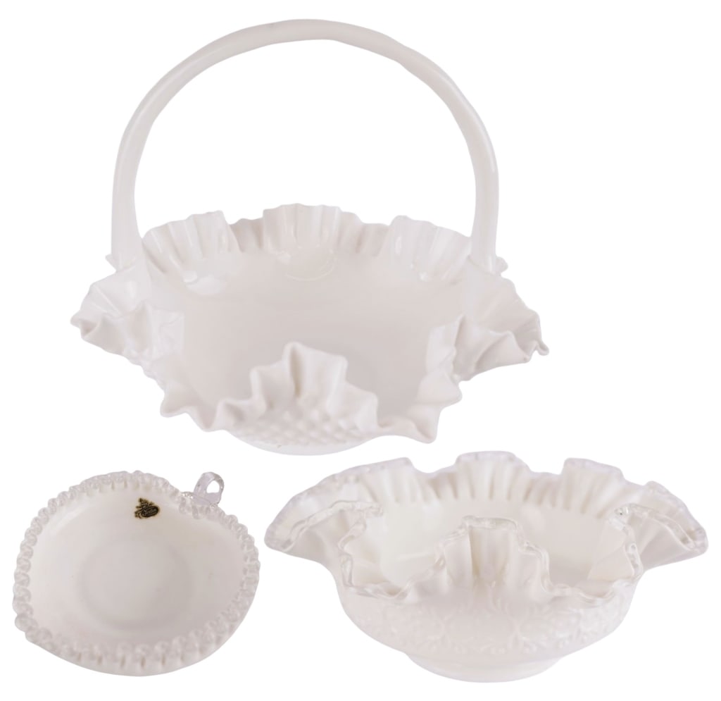 Fenton White Milk Glass Hobnail Basket & Bowls (1 of 9)