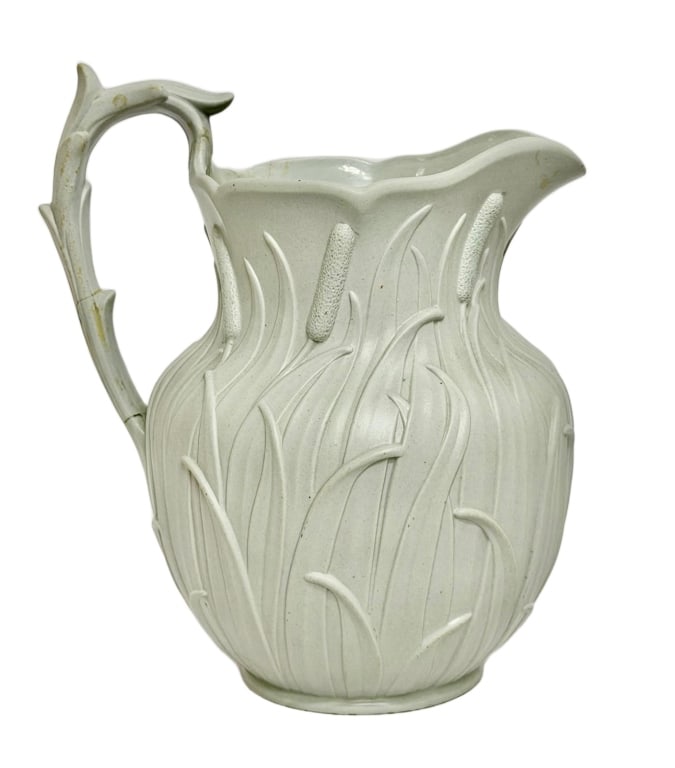 Ridgway & Abington "Bulrush" Stoneware Pitcher: Item/Description: Victorian relief-moulded "Bulrush" stoneware pitcher. Manufactured in Staffordshire, England by Ridgway & Abington at their Church Works factory in Hanley. The specific patent design