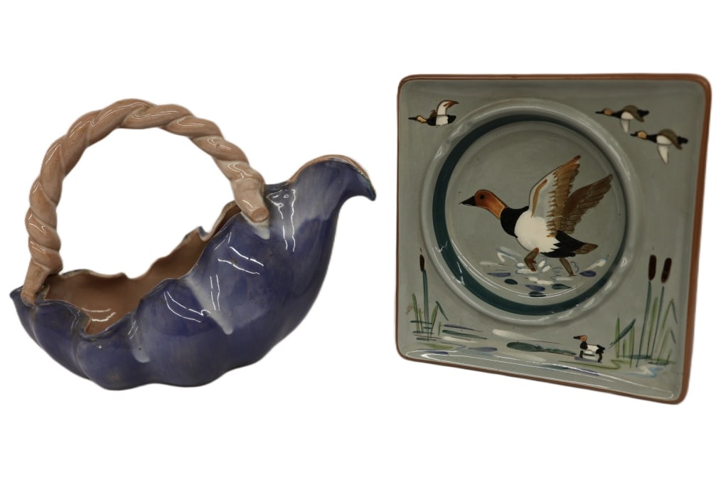 Stangl Pottery Pairing - Basket Pitcher & Ashtray: Item/Description: Two vintage Stangl Pottery pieces. Includes: "Terra Rose" basket pitcher (model #3251) featuring a distinctive twisted rope handle. Features dual-tone glaze of cornflower/cobalt blue