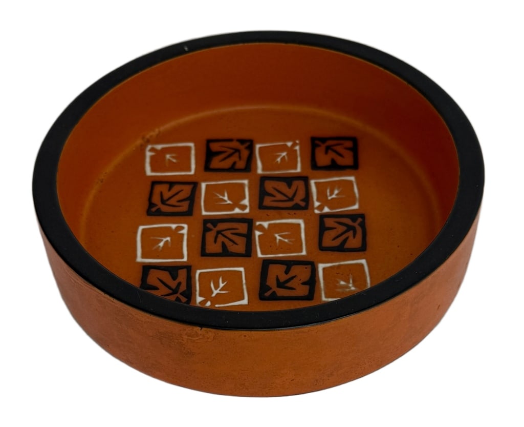Danish Mid-Century Modern Checkerboard Dish: Item/Description: Mid-Century Modern round shallow glazed ceramic bowl / shallow dish featuring orange and black glaze finish. Features a striking geometric grid pattern of hand-painted black and whit