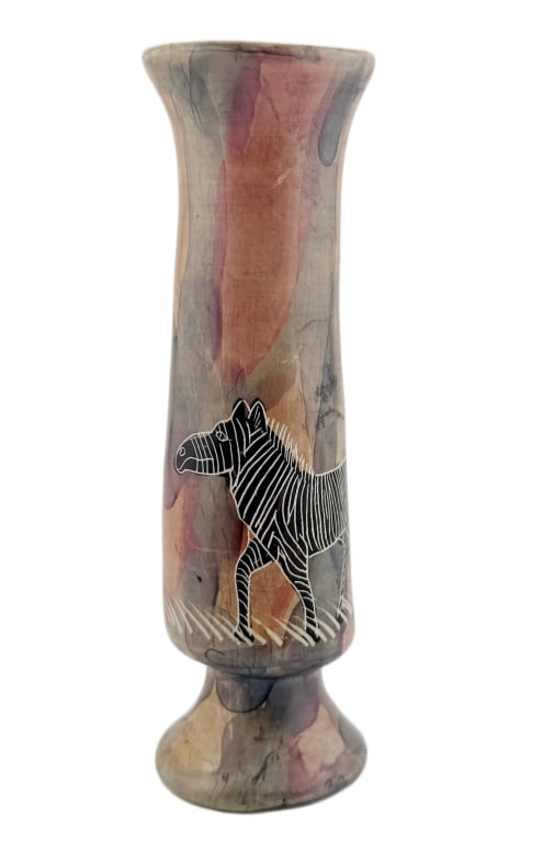 Vintage Kenyan Kisii Soapstone Zebra Vase: Item/Description: African soapstone trumpet vase handcrafted by Gusii tribesmen in the Kisii region of Kenya. Late 20th century, circa 1980s-1990s. Slender flared column and pedestal foot. Displays a
