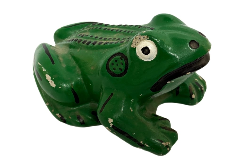 Mexican Folk Art Green Ceramic Frog Figurine: Item/Description: Hand-painted earthenware pottery figure of a crouching frog, executed in the expressive regional folk art tradition of central Mexico. Features hand-painted black details including