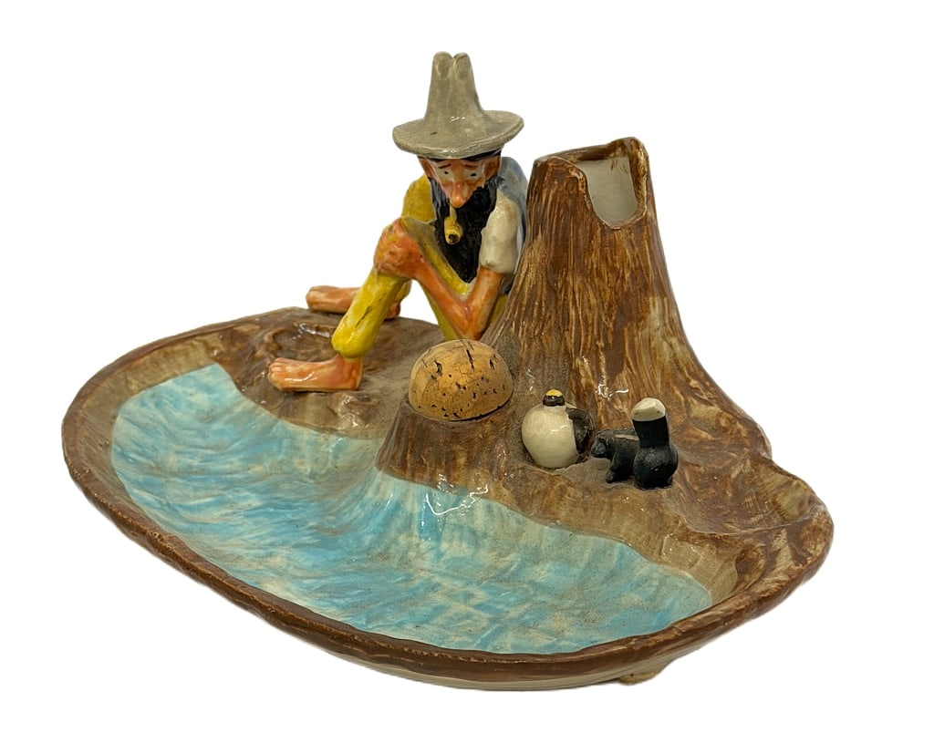 1948 Paul Webb "Mountain Boys" Porcelain Ashtray: Item/Description: 1948 figural art pottery ashtray manufactured by the Imperial Porcelain Corporation of Zanesville, Ohio, as a promotional tobacco specialty piece commissioned exclusively for the