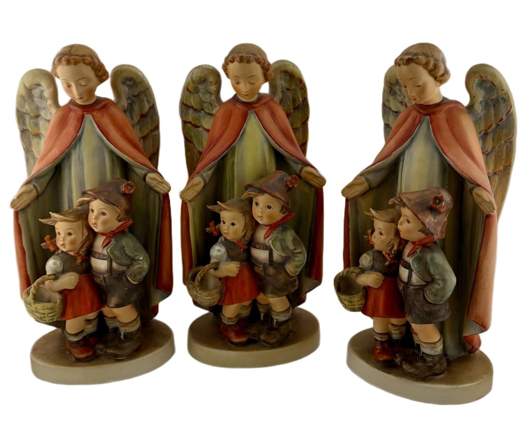 Hummel "Heavenly Protection" Angel Figurines: Item/Description: Collection of three guardian angel Goebel Hummel German porcelain figurines. First designed by master sculptor Reinhold Unger in 1938, the "Heavenly Protection" porcelain sculpture (