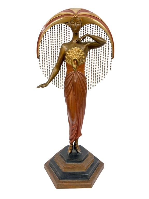 Erte - Le Soleil Art Deco Bronze Sculpture: Item/Description: Art Deco cold-painted bronze sculpture "Le Soleil" (The Sun), by Erte, Romain de Tirtoff (Russian/French, 1892-1990). Signed in base. Figure features a crescent-shaped headdress acce