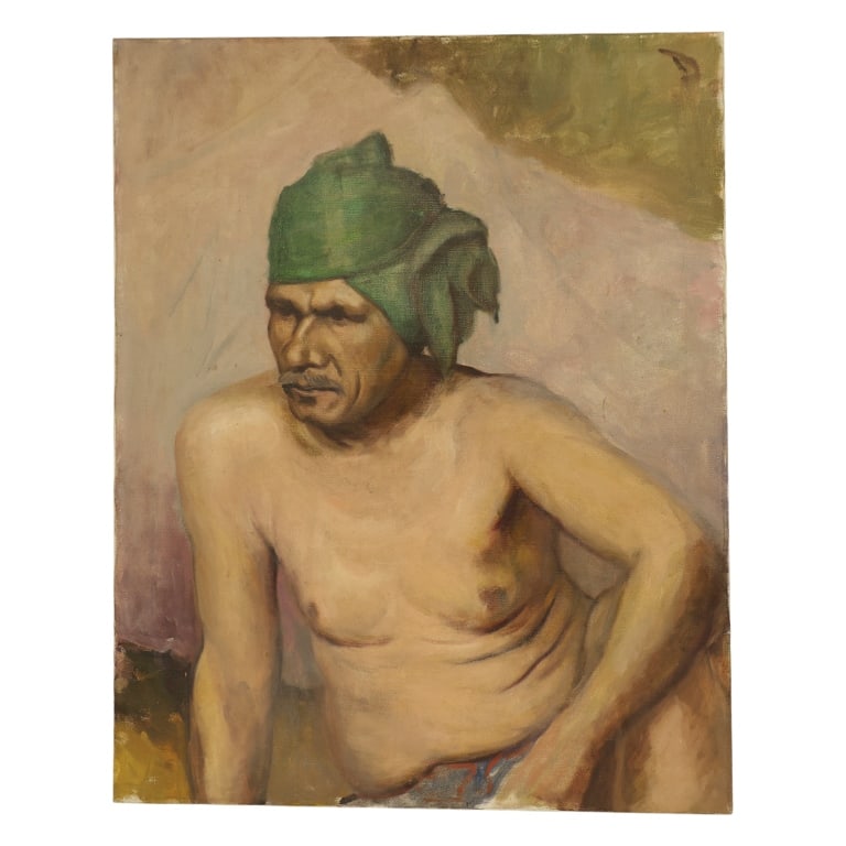 Portrait Painting of a Man in a Turban: Item/Description: Original oil on canvas portrait painting depicting a shirtless man in a green head-wrap or turban. Mid-century modern realism. Unknown artist. Monogram "D" signature in upper right c