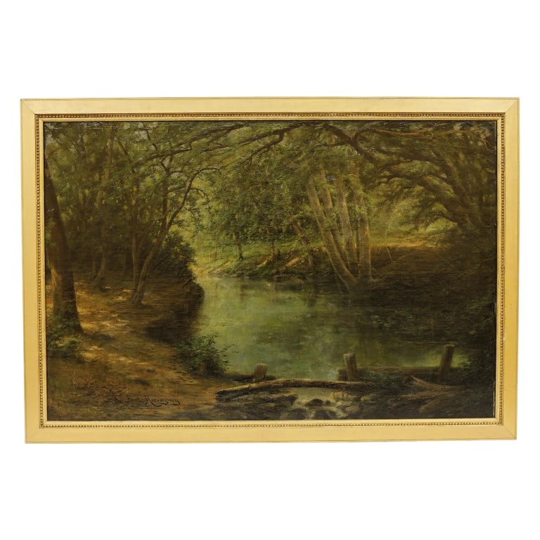 Paul Rosenzwey - Landscape Oil Painting: Item/Description: Original oil painting, by Philadelphia landscape artist Paul Rosenwey (American, born 1850), depicting a tranquil tree lined stream. Signed lower left. In a gilt wood frame. Paul Ros