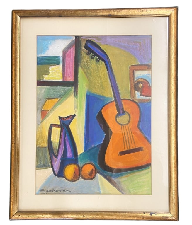 Simon Samsonian - Modernist / Cubist Still Life: Item/Description: Original mid-century modernist still life pastel drawing by Simon Samsonian (Egyptian-Armenian, 1912-2003). Signed lower left. Dated below signature (mostly obscured by the matting).