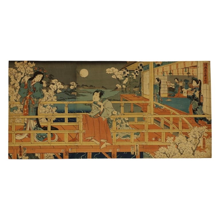 Utagawa Kunisada - Japanese Woodblock Print: Item/Description: 19th-century Japanese ukiyo-e woodblock print by the master artist Utagawa Kunisada (also known as Toyokuni III). Depicting "Hana-no-en" (Under the Cherry Blossoms) chapter from "The