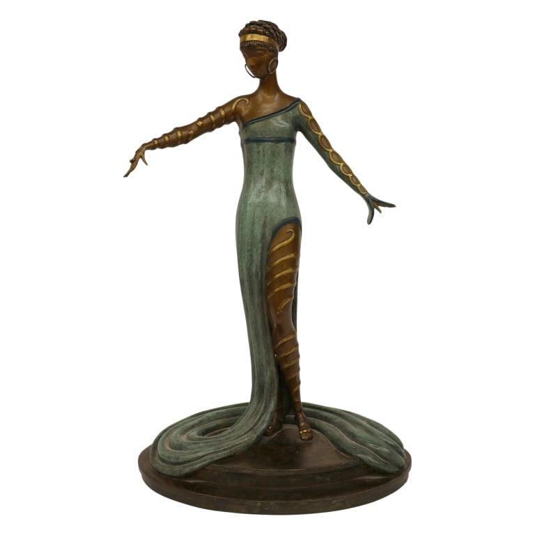 Erte - Art Deco Bronze 'La Merveilleuse': Item/Description: Cold-painted and patinated bronze Art Deco female figure by the legendary Russian-born French artist Erte (Romain de Tirtoff, 1892-1990). Impressed on side of base: 249 / 250, foundr