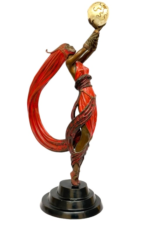 Erte - The Globe - Art Deco Bronze Sculpture: Item/Description: Art Deco, cold-painted bronze sculpture "The Globe", by Erte (Romain de Tirtoff, 1892-1990). Stylized female figure wearing a dramatic, flowing red gown, balanced on her toes and hol