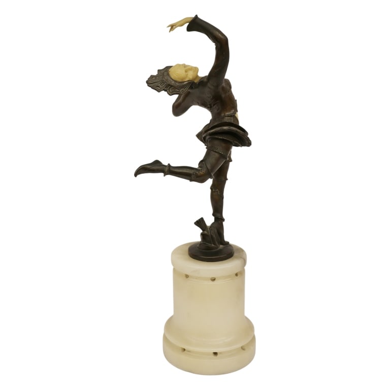 Bronzed & Chryselephantine Art Deco Dancer: Item/Description: German Art Deco chryselephantine mid-to-late 20th-century vintage replica dancer sculpture. Cabaret / Burlesque dancer in the style of Gerda Gerdago or Demtre Chiparus in a stylized,