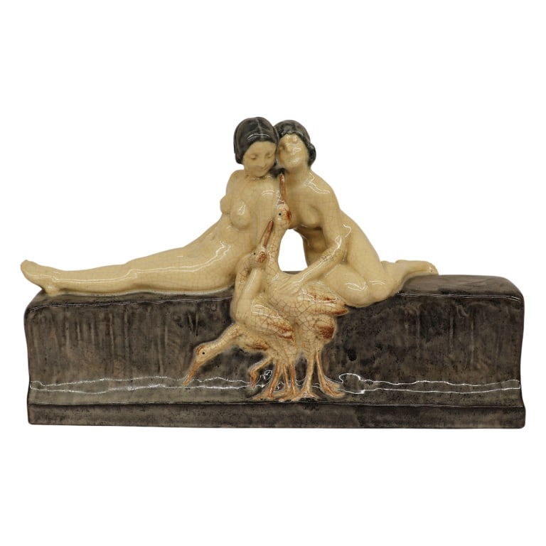 Marcel Guillard for Etling Art Deco Nude Sculpture: Item/Description: French Art Deco Marcel Guillard for Edition Etling, Paris crackle glazed (craquele) ceramic sculpture depicts two nude female figures reclining on a wall and interacting with shore