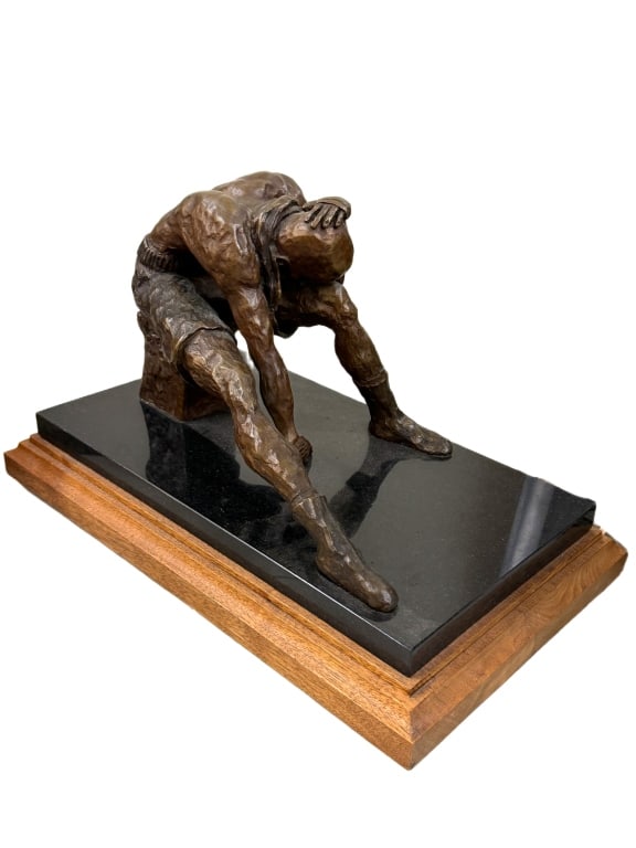 Lewis - Bronze Figural Sculpture: Item/Description: Heavy bronze sculpture of a fighter, physically spent, or seated in defeat. Figurative bronze sculpture depicting a fatigued, muscular male athlete or fighter seated in exhaustion, b