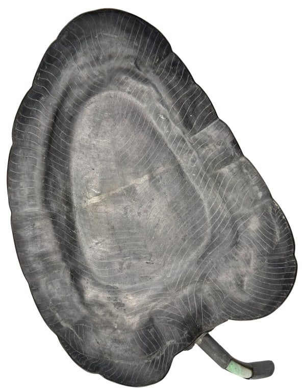 Chinese Qing Pewter & Jade Leaf: Item/Description: Chinese pewter leaf tray featuring an inlaid cylindrical piece of genuine jade stone. features fine, hand-etched or stamped vein lines across the surface to resemble a large leaf (su