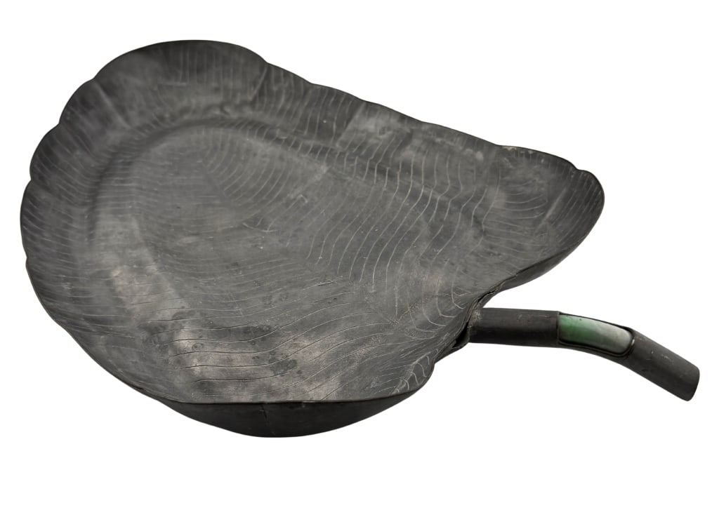 Chinese Qing Pewter & Jade Leaf - 3