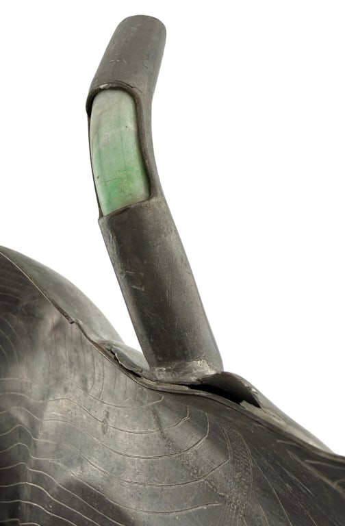 Chinese Qing Pewter & Jade Leaf - 8
