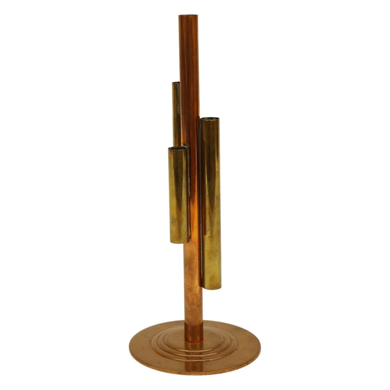 Art Deco "Skyscraper" Bud Vase by Chase: Item/Description: American Art Deco "Skyscraper" four-tube bud vase produced by the Chase Brass & Copper Company. Designed by the famous husband and wife industrial design team Ruth and William Gerth