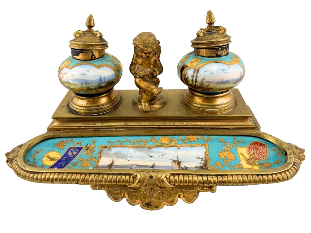 Napoleon III Double Inkwell & Pen Tray: Item/Description: 19th century French Rococo / Napoleon III Sevres style gilt bronze and painted porcelain double inkstand (desk set) with pen tray. Features twin lidded porcelain ink pots, on a