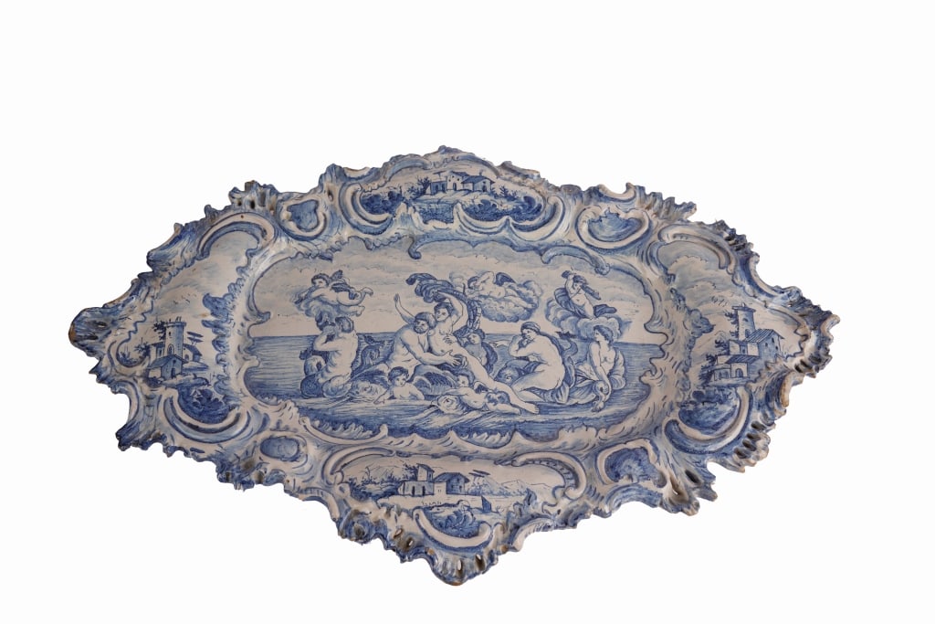 Antico Savona Platter, Lanterna Mark: Item/Description: Blue and white Savona Italian Baroque-style maiolica Italian tin-glazed earthenware centerpiece / serving platter. Features a classical mythological scene featuring sea gods, nymphs