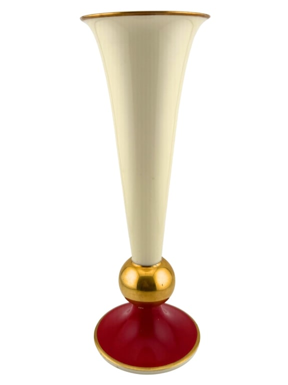 Rosenthal Bavaria Art Deco Trumpet Vase: Item/Description: German porcelain vase by Rosenthal featuring an ivory porcelain elongated flute body, a polished gold ball accent, and a flared red base. Green underglaze factory backstamp: Rosentha