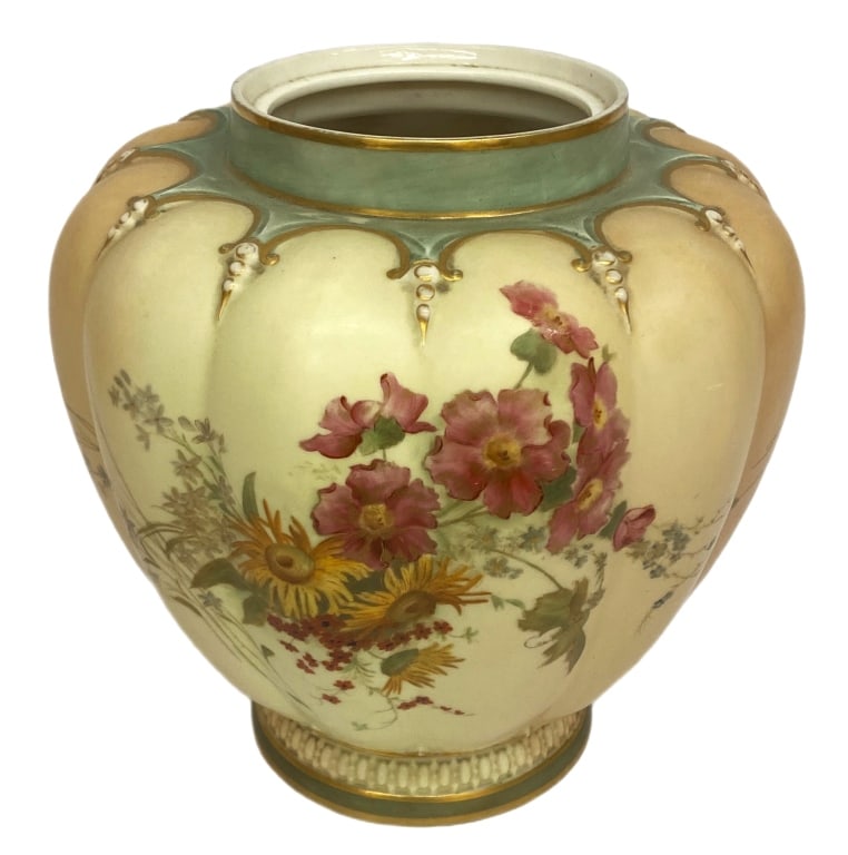 Royal Worcester "Blush Ivory" Porcelain Vase: Item/Description: Late-Victorian / Edwardian Royal Worcester blush ivory porcelain vase. Features hand-painted floral design on cream ground, with green and gold detailing at base and neck. Makers mar